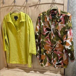 Tahari-Chartreuse and Multicolor Leaf Print Ladies 100 % Linen Shirts